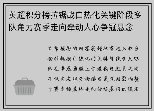 英超积分榜拉锯战白热化关键阶段多队角力赛季走向牵动人心争冠悬念 英超积分榜拉锯战白热化关键阶段多队角力赛季走向牵动人心争冠悬念
